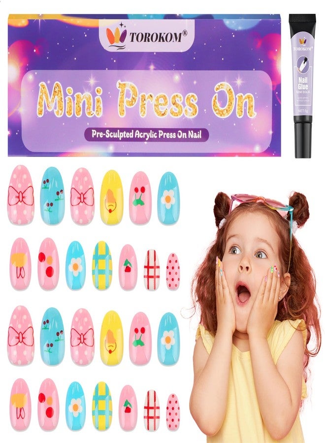 TOROKOM Press on Nails for Kids, 26PCS Cute Colorful Kids Fake Nails Glue on Nail Short Almond False Nail Art Gift for Girls Children 8-12 Age with Builder Nail Glue (1 Pack No Sticky Back) - Image 1